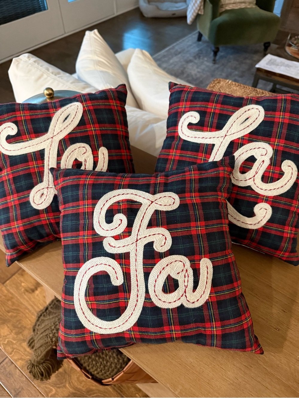 Set of 3 Tartan Plaid Christmas Throw Pillows Preppy Holiday Decor Fa La La